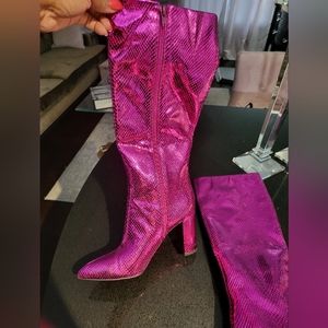 Pink metallic raspberry color croc heeled boots